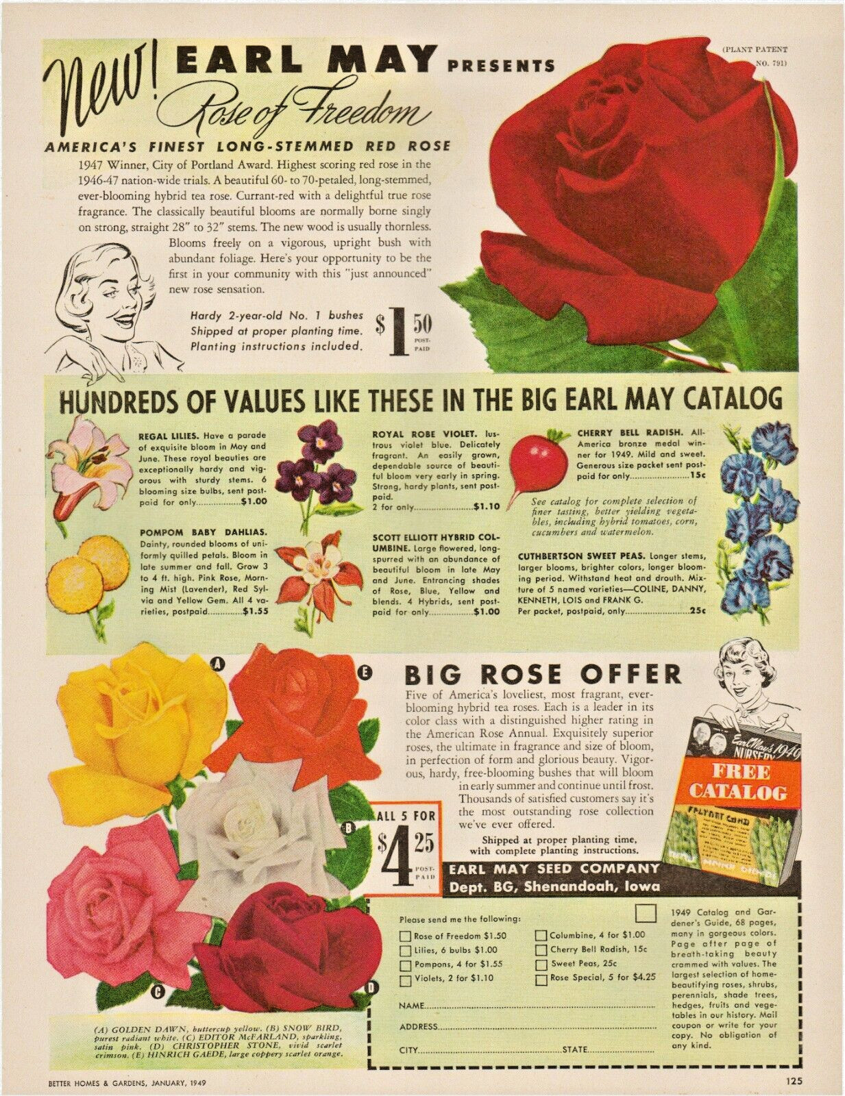 1949 Earl May Seed Company Free Catalog Big Rose Offer Roses Vintage Print Ad