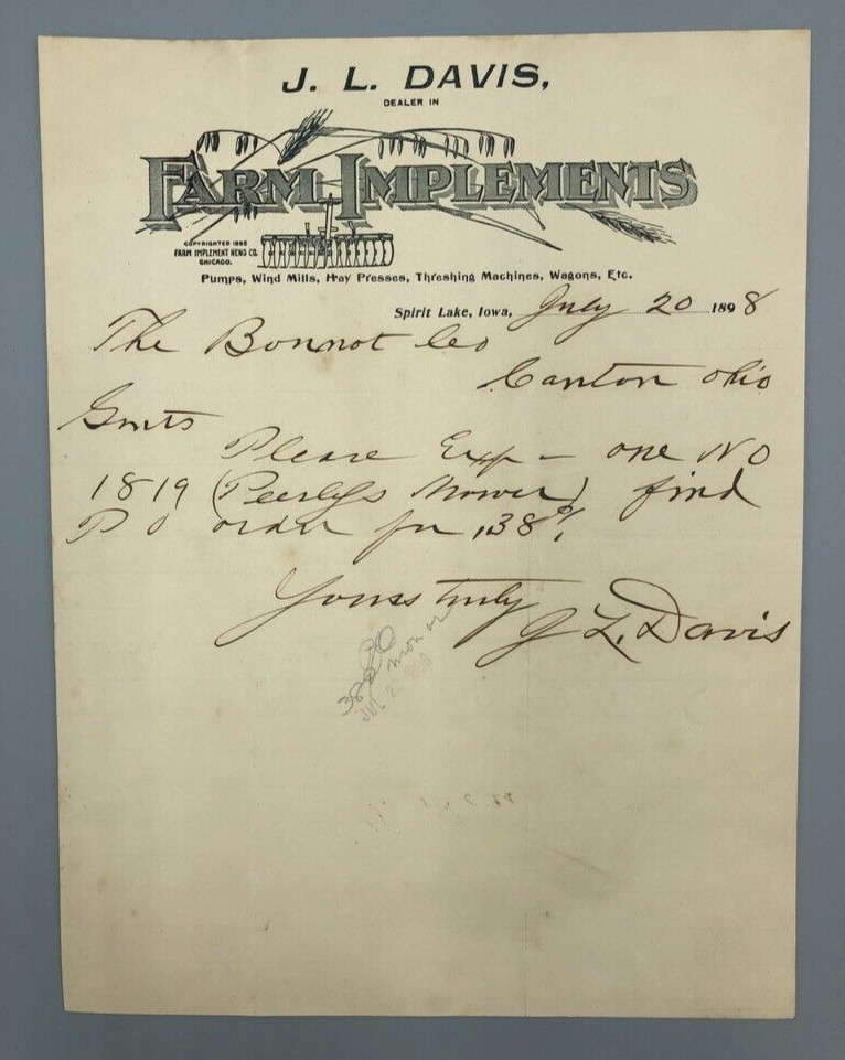 1898 Davis THRESHING Machines SPIRIT LAKE IOWA Antique FARM Letter Advertising