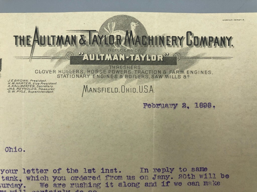 1898 AULTMAN TAYLOR Farm THRESHING Tractor ENGINE Letterhead Antique Advertising