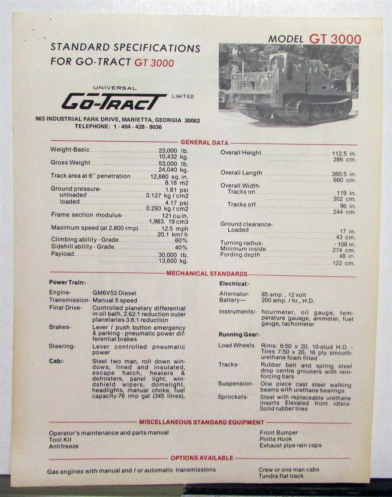 1976 Go Tract GT3000 Specifications Construction Sales Brochure