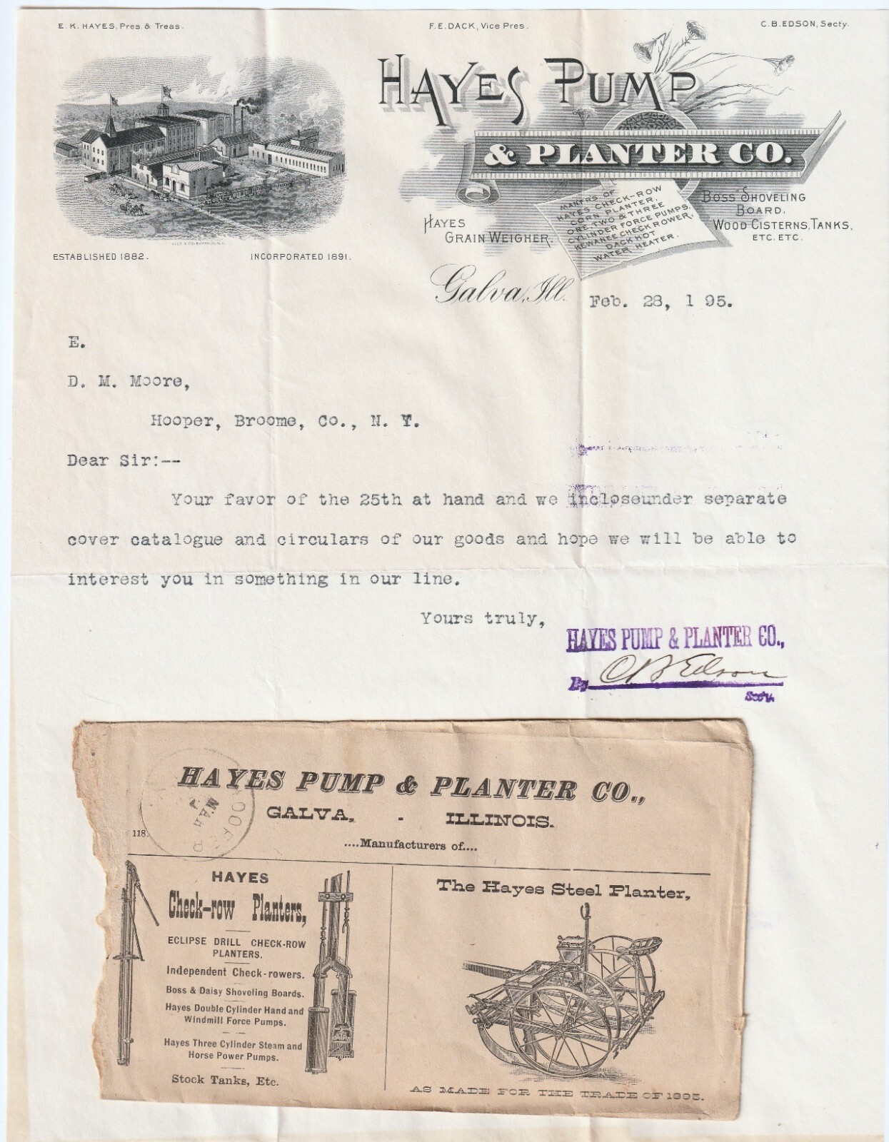 SUPER Hayes Pump & Corn Planter Co Galva Illinois- 1895 Bill letter head Cover