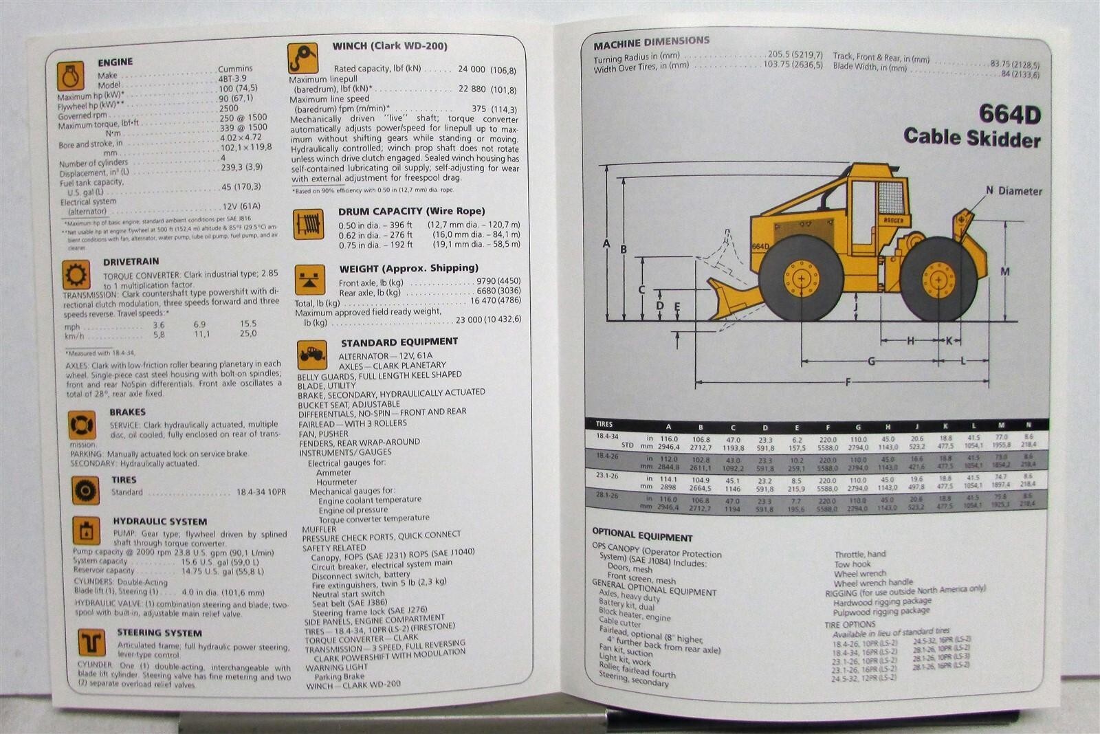 1986 Clark Ranger 664D Cable Skidder Diagrams Specs Construction Sales Folder