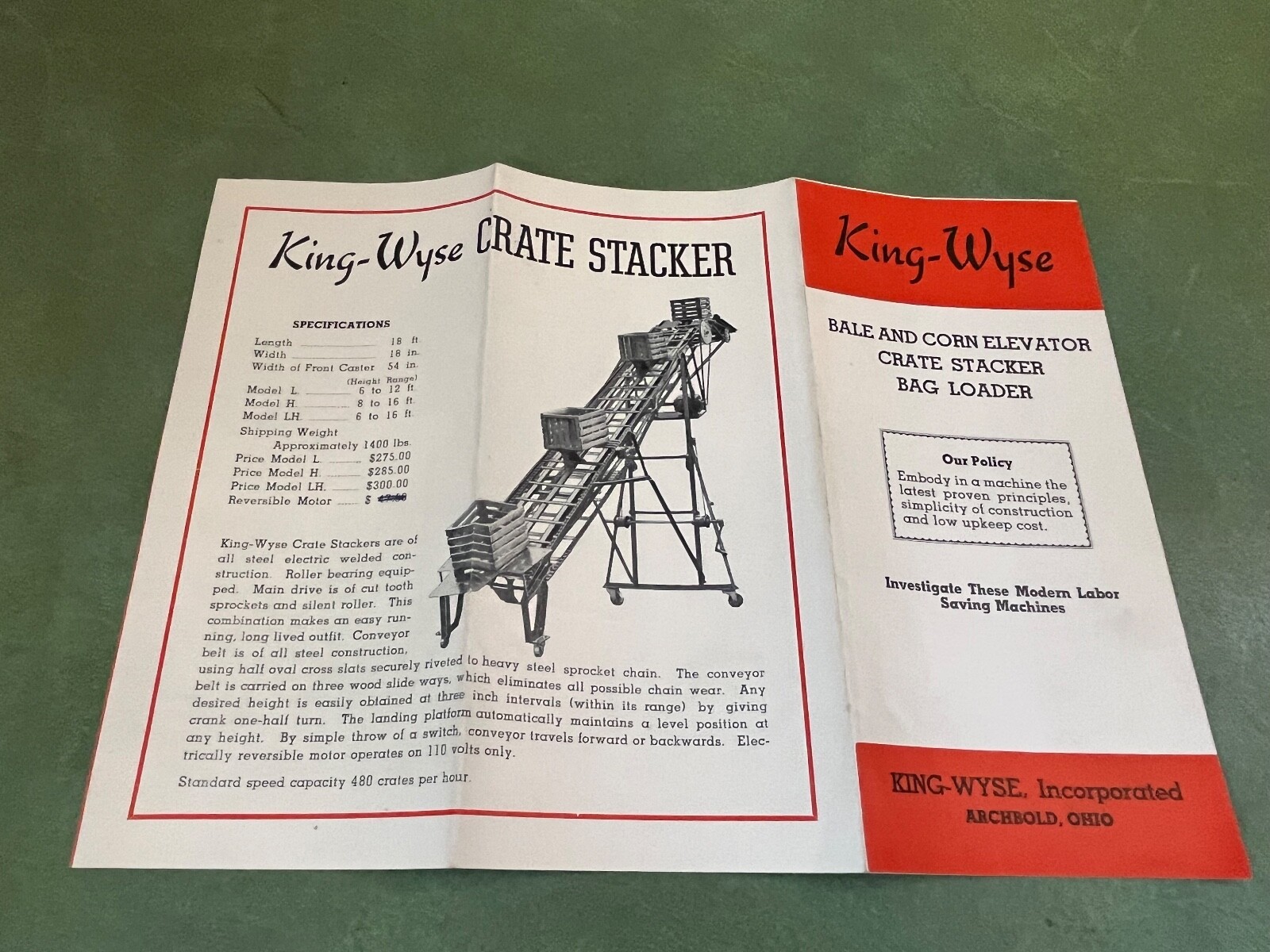 Vintage King Wyse Corn Elevator Crate Stacker Sales Pamphlet