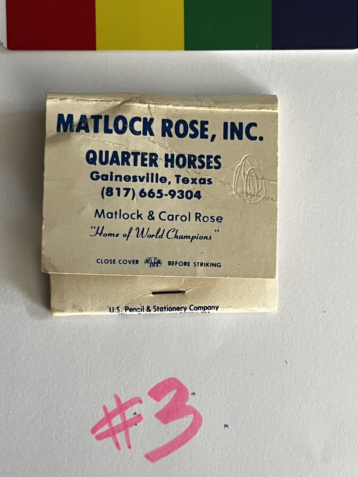 Matlock Rose Ranch matchbook, rare vintage 1980s AQHA NCHA Cutting Horse