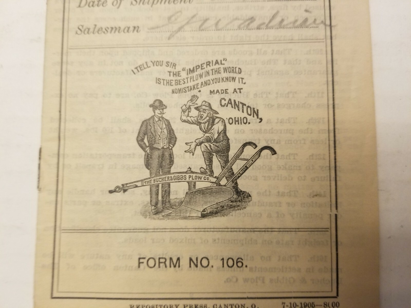 AGRICULTURE CONTRACT. 1906. THE BUCHER & GIBBS PLOW CO.
