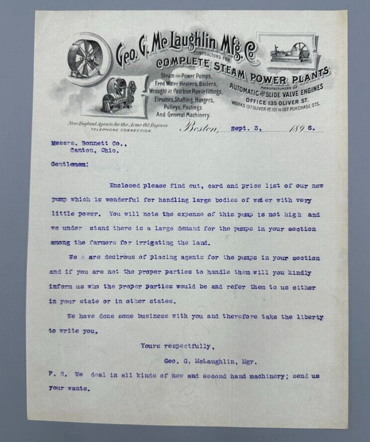 1896 McLaughlin STEAM POWER ENGINES Acme Oil Farm Advertising Letter Boston