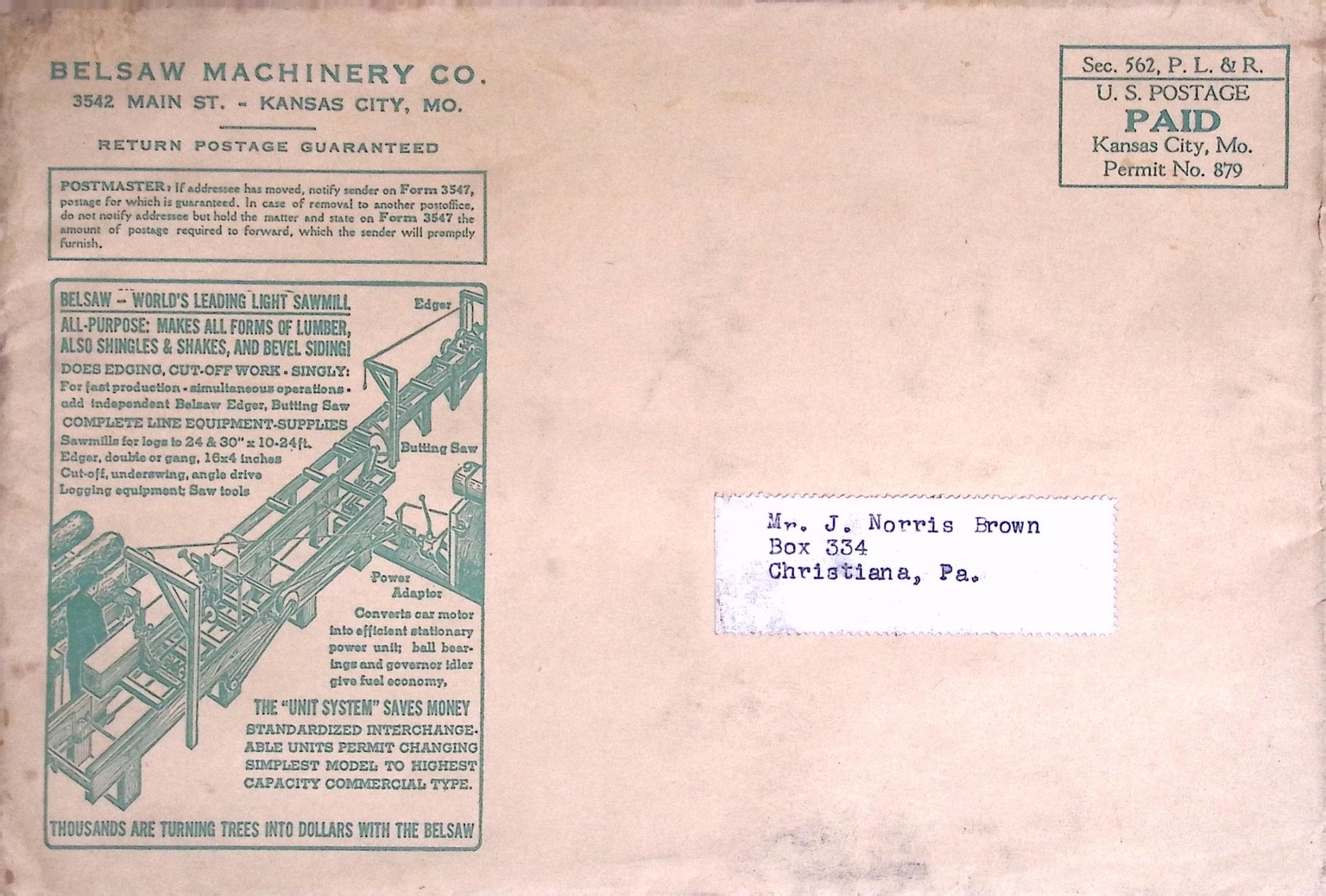 Vintage Belsaw Machinery Company Sawmill Advertising Mailing Envelope Missouri