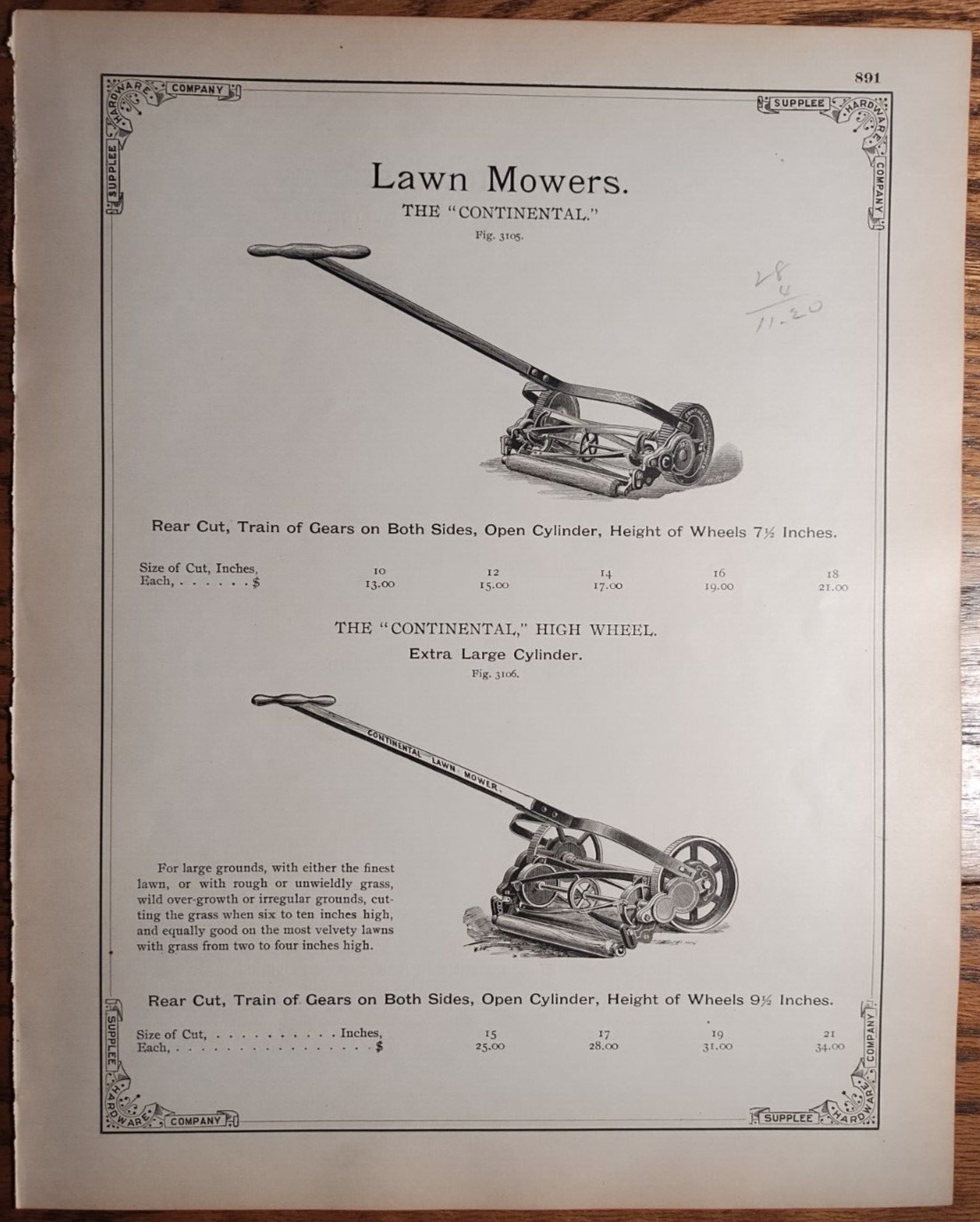(4) 1893 Pennsylvania Reel Lawn Mowers Print Ads Catalog Pages Original AD-31