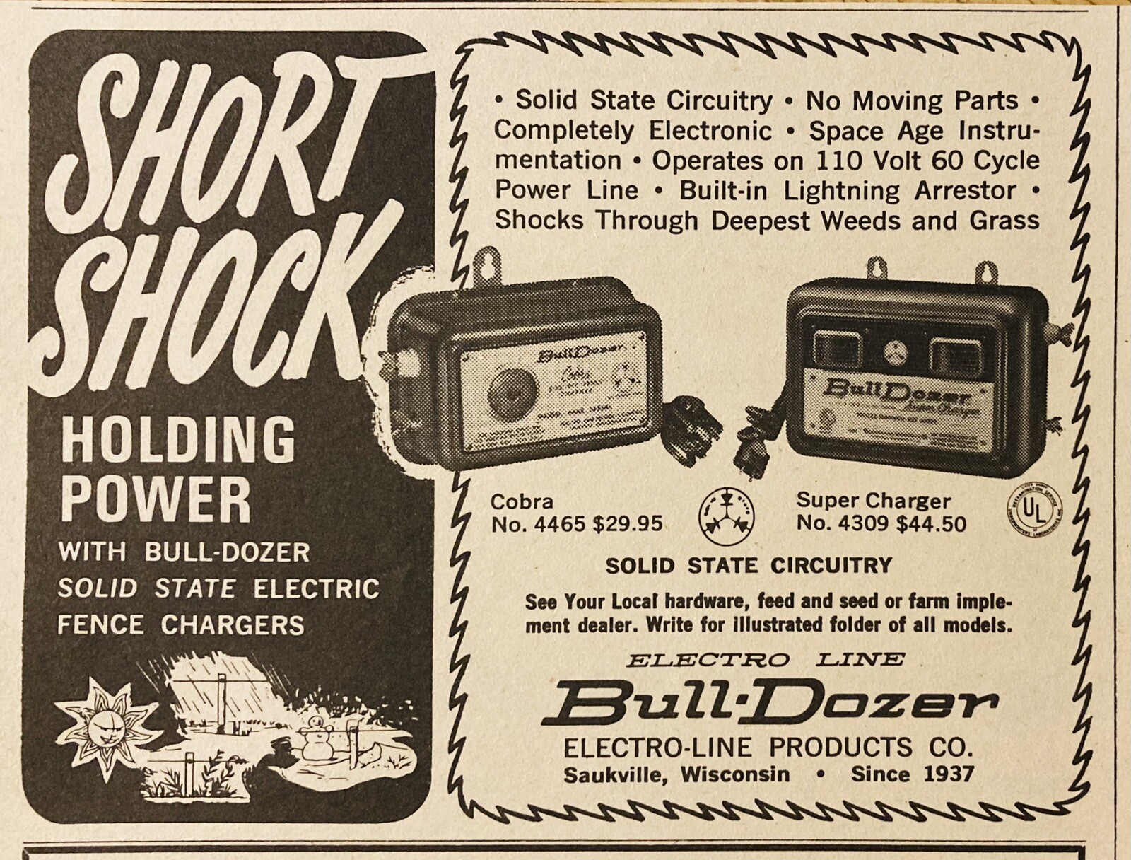 1969 AD.(XH78)~ELECTRO-LINE PRODUCTS CO. SAUKVILLE, WISC. BULL-DOZER FENCE