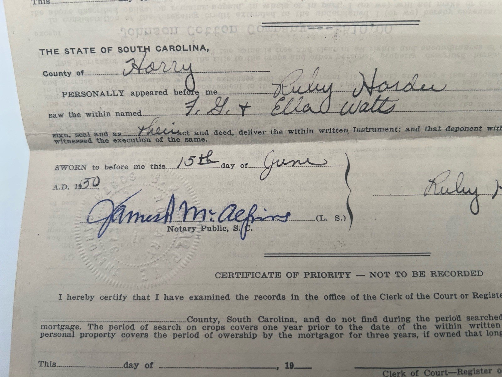 1950 SC Crop Mortgage Johnson Cotton Co Mule Cow Horry County # 1154