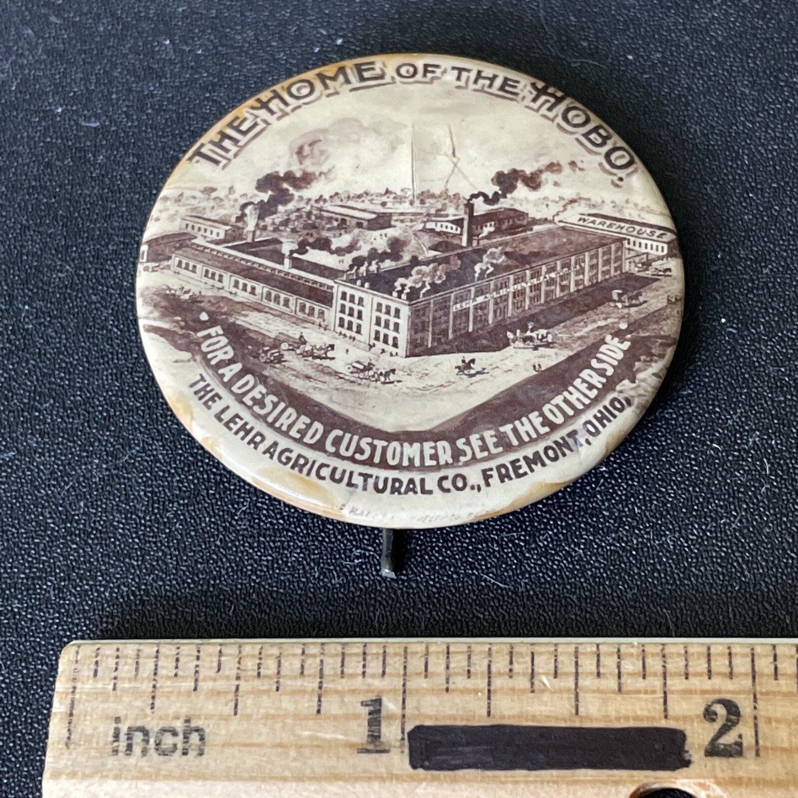 Rare Early Lehr Agricultural Factory Scene Pin Back Button Home Of The Hobo A-27