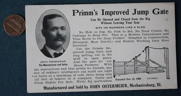 Mechanicsburg Illinois Primm&rsquo;s Improved Livestock Jump Gate Advertising Card +