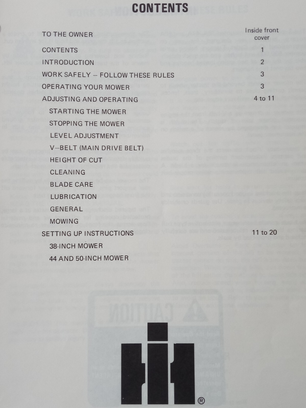 International Harvester Rotary Mowers 38A 44A 50A 3 Spindle Operator&rsquo;s Manual