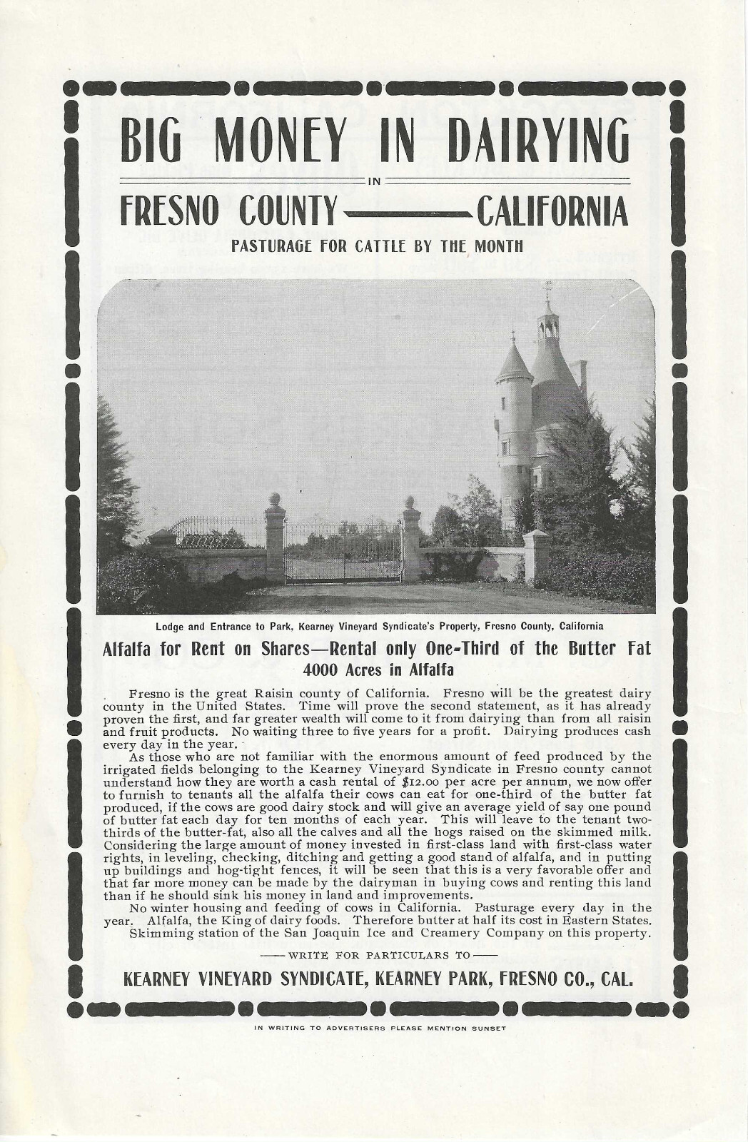 1902 Kearney Vineyard Syndicate Original Vintage Print Ad Fresno, CA Dairy Farm