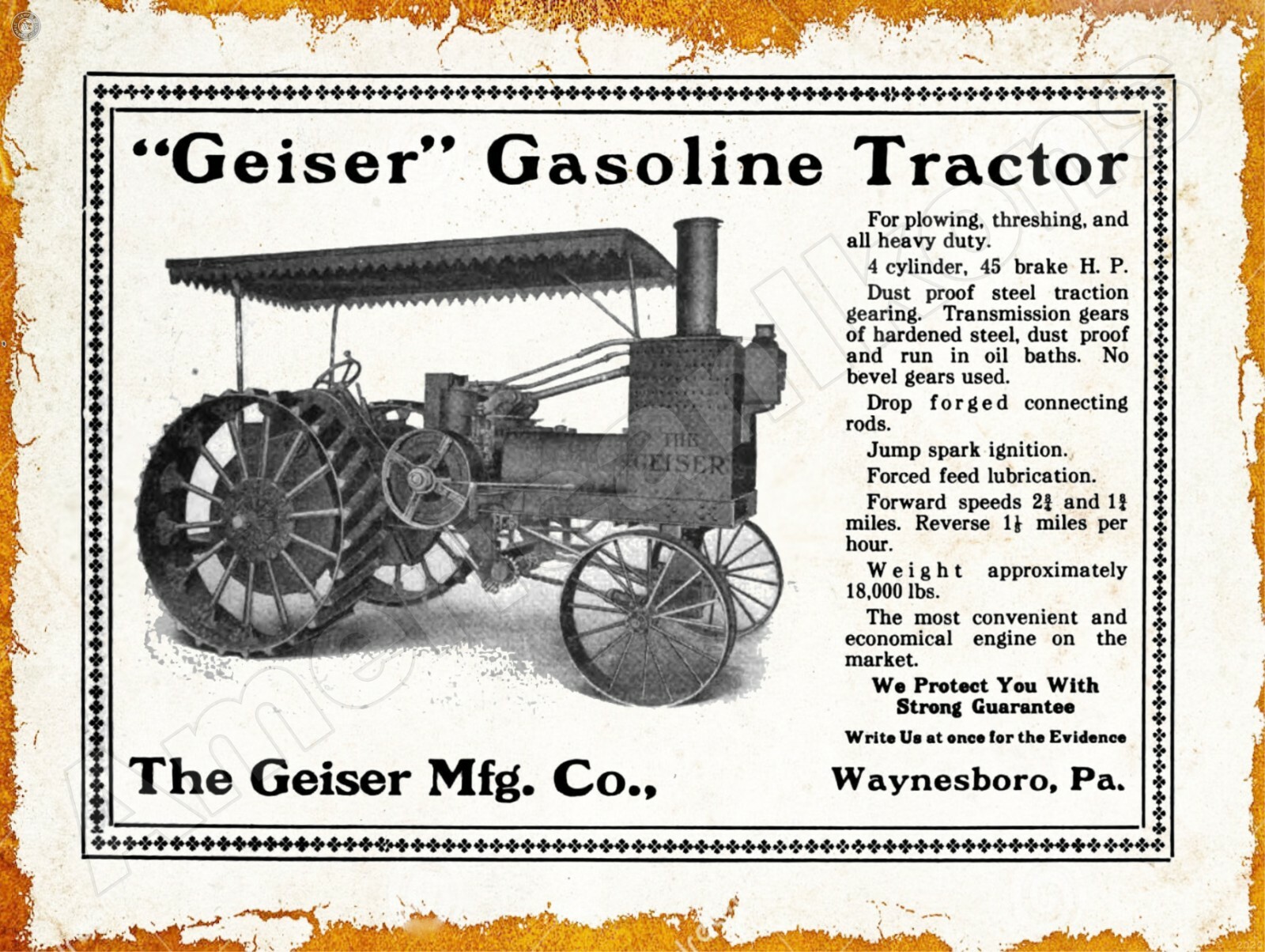 1911 Geiser Mfg. Co. Gas Tractor New Metal Sign: Waynesboro, Pennsylvania