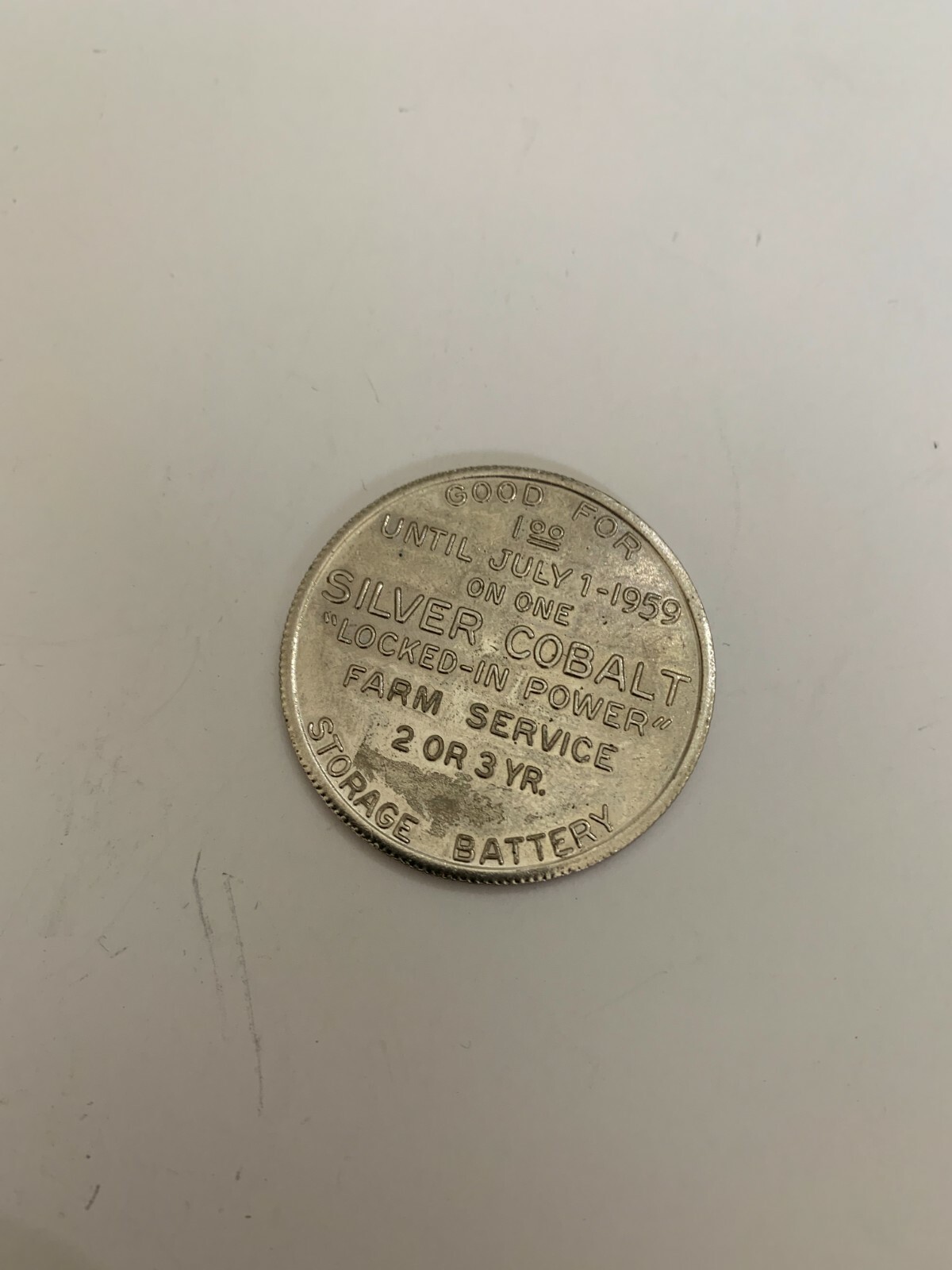 1959 Quality Farm Service Products Silver Cobalt Battery Trade Token