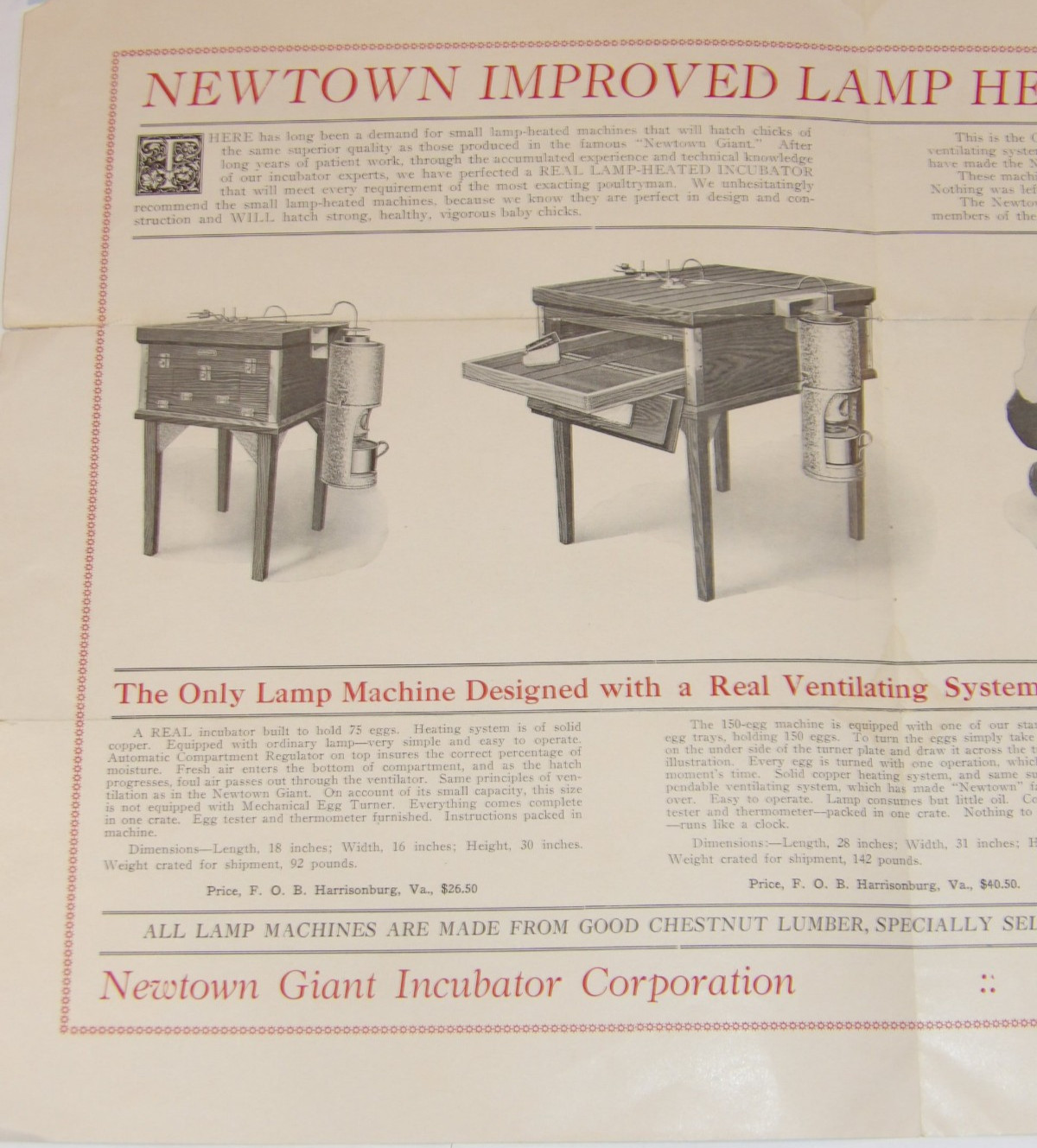 VINTAGE 1925 NEWTOWN OIL LAMP-HEATED INCUBATORS BROCHURES! 4 PCS/HARRISONBURG,VA