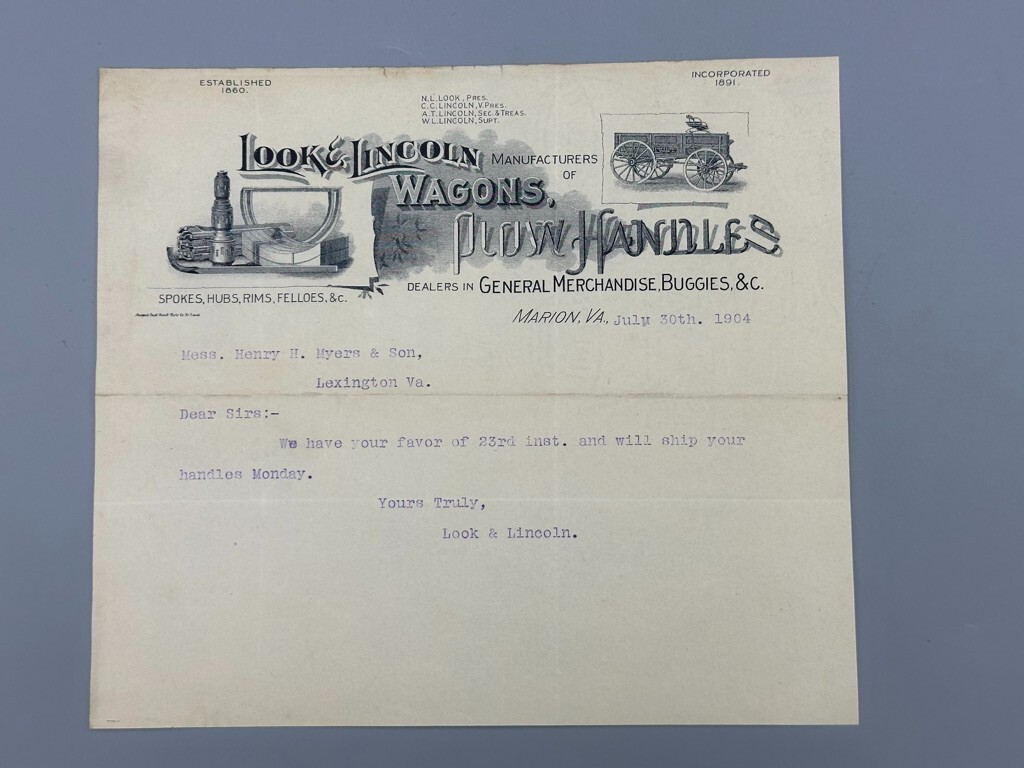 1904 LOOK & LINCOLN WAGONS Plow Handles FARM Advertising MARION VIRGINIA Letter