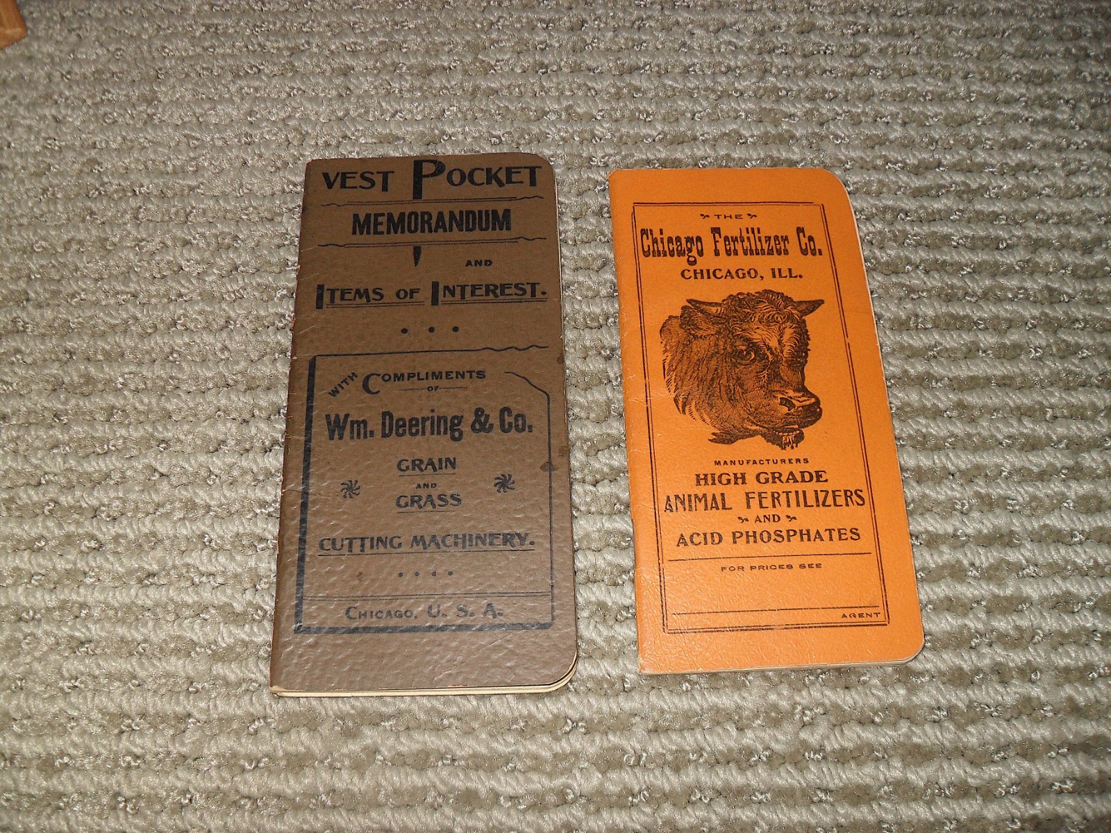Vtg 1891 Pocket Booklet W. Deering Grain Grass + 1906 Chicago Fertilizer Ad Info