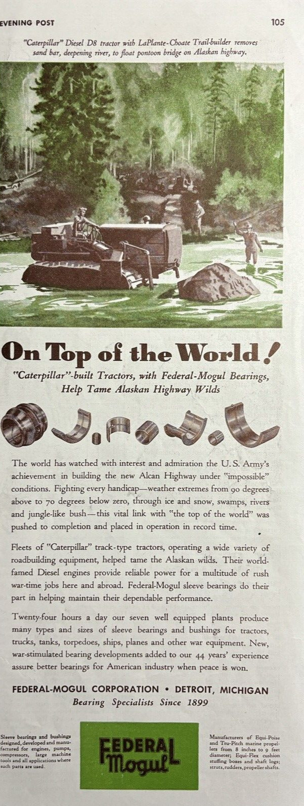 1943 Federal Mogul Corp Detroit Tractors Bearings Alaskan Hgwy VTG Print Ad
