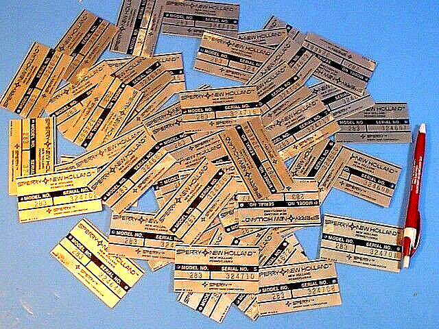 (47) VINTAGE SPERRY NEW HOLLAND MODEL 283 BALER ID TAGS~CONSECUTIVE SERIAL #&rsquo;s