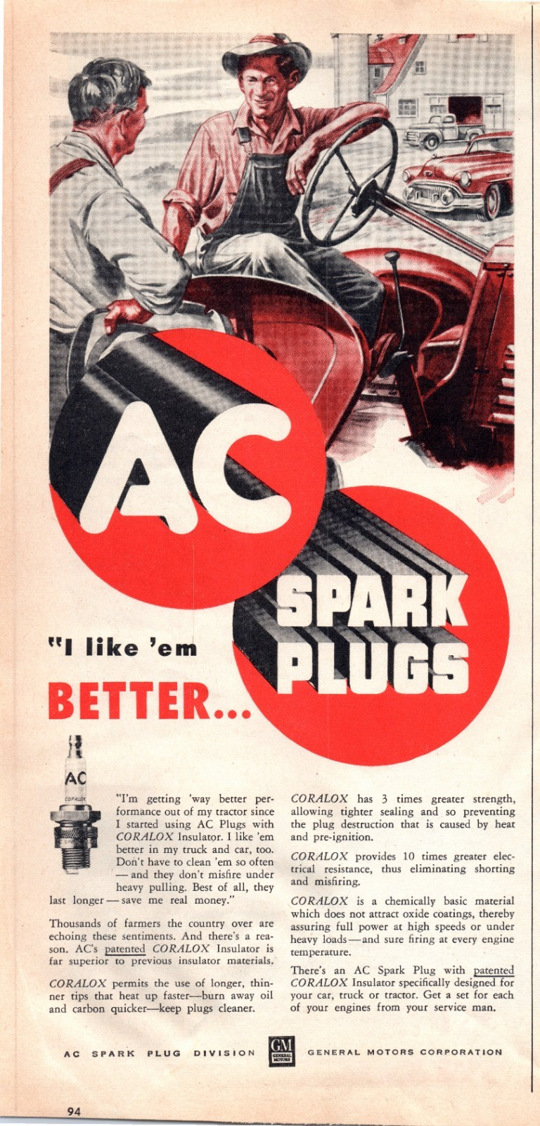 1951 AC Spark Plugs Coralox Insulator Tractor 50&rsquo;s Vintage Print Ad