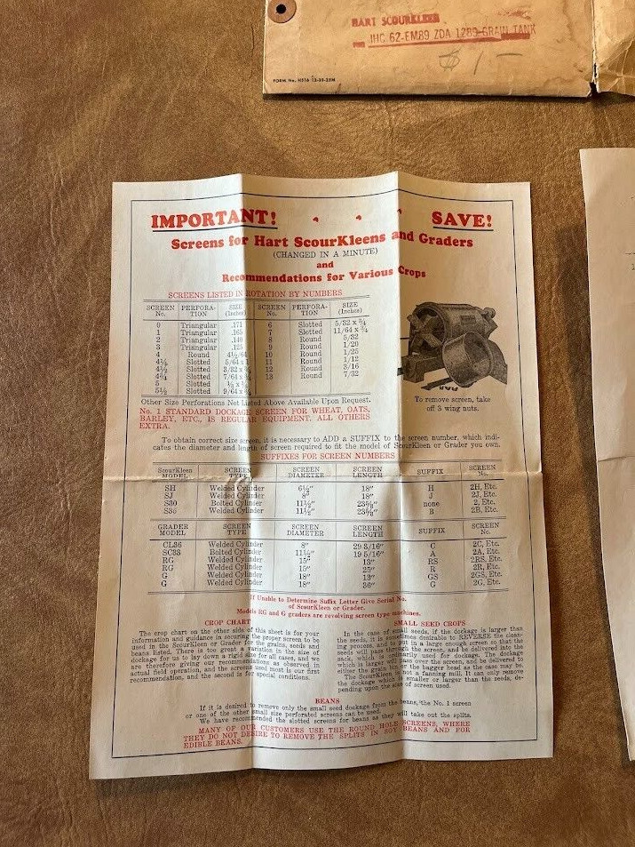 Hart Scourkleen Model 1289 Grain Tank Packing List Attaching Directions Tag 1945