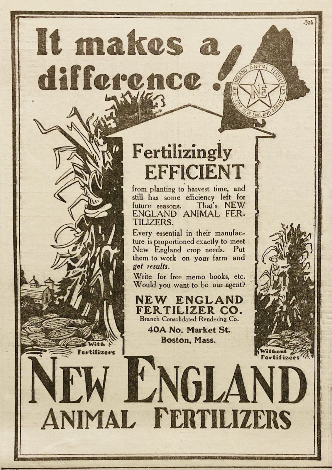 1911 AD.(PC9)~NEW ENGLAND FERTILIZER CO. MARKET ST. BOSTON. ANIMAL FERTILIZERS
