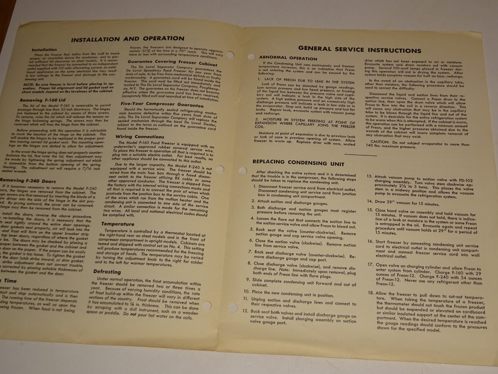 1953 DeLaval Speedway Food Freezer Service Instructions brochure F-160 F-240