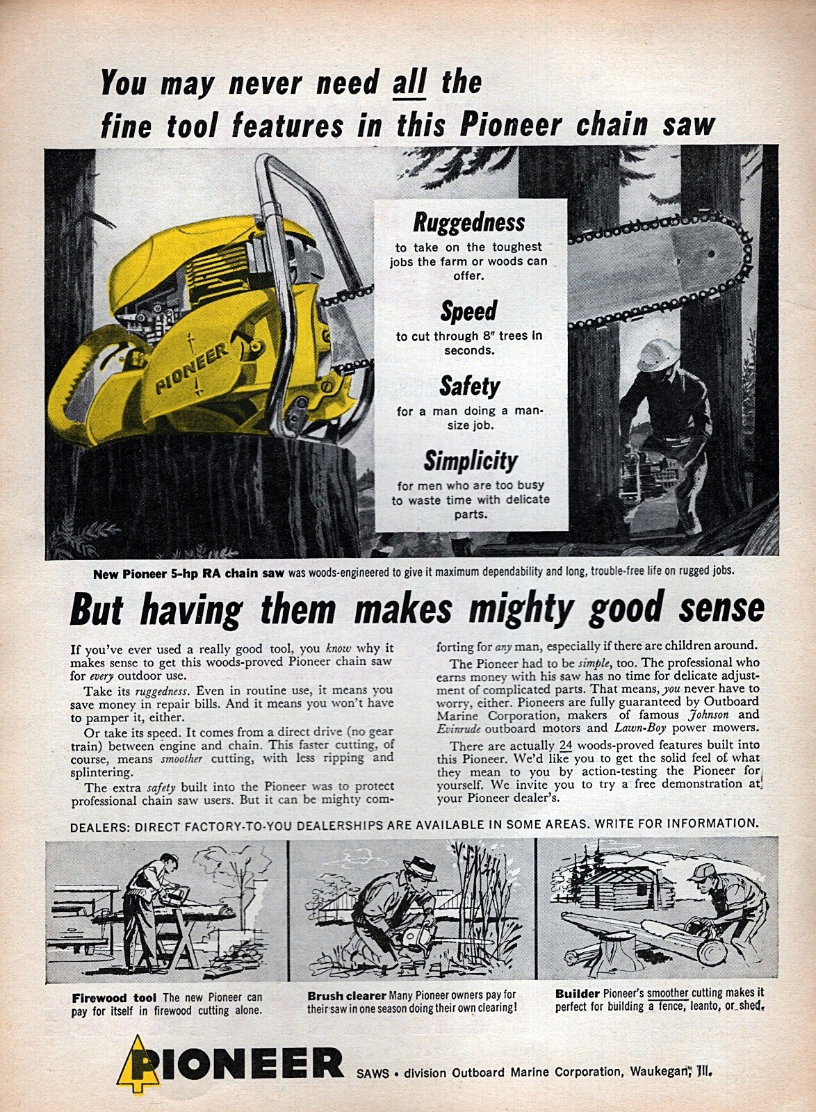 1957 Pioneer RA Chainsaw Original Color Print Ad