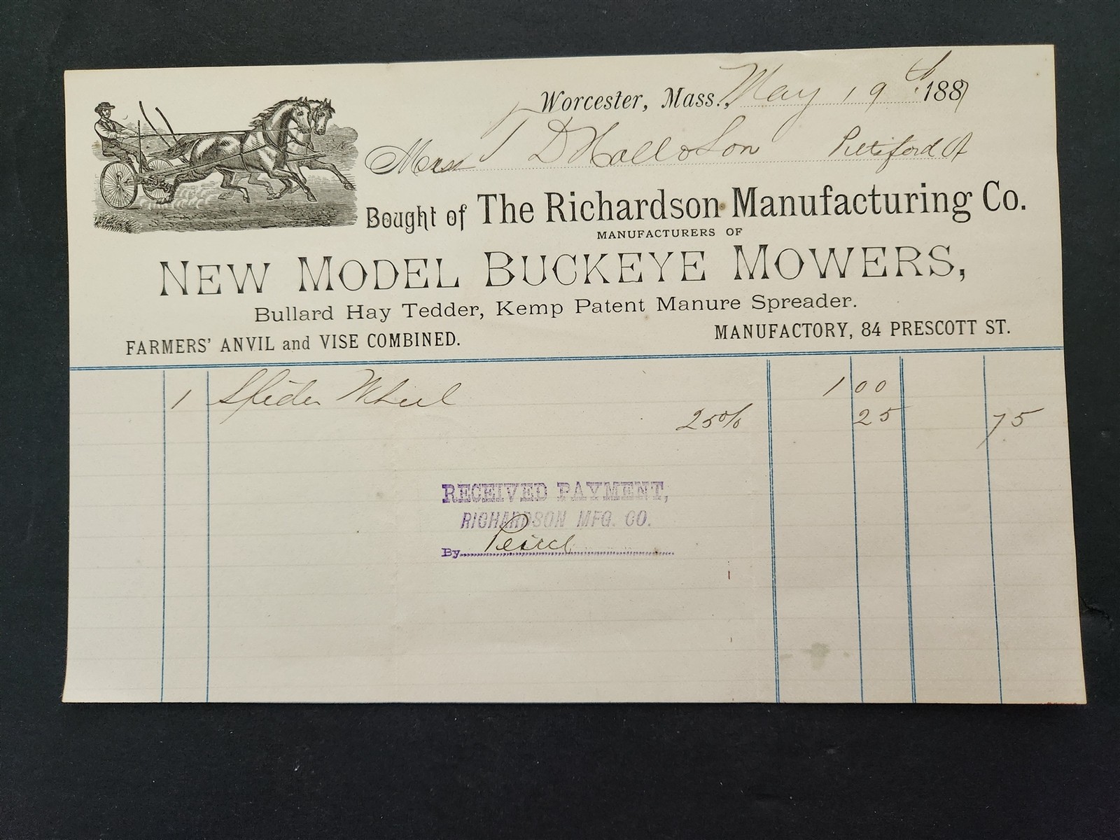 1881 antique BUCKEYE MOWERS worchester ma RICHARDSON MANUFACTURING Co BILLHEAD