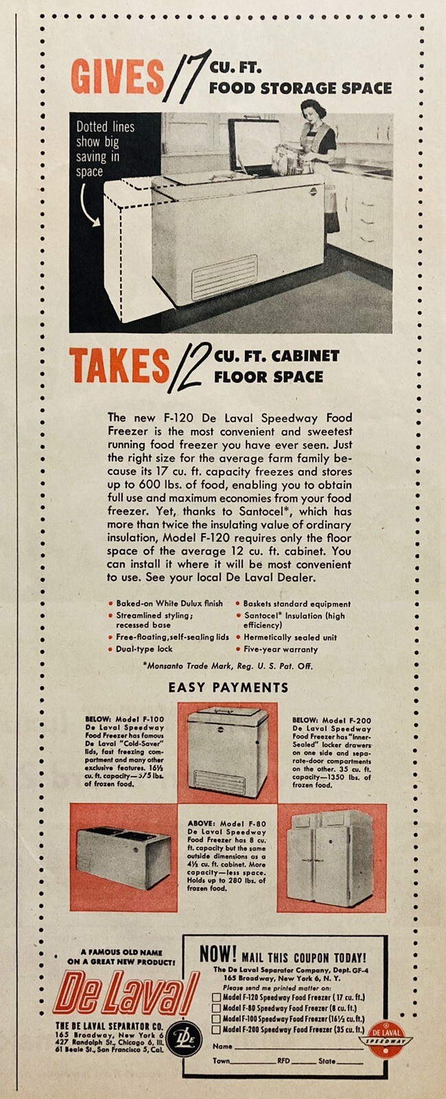 1950AD.(XH74)~DE LAVAL SEPARATOR CO. NYC. F-120 SPEEDWAY FOOD FREEZER