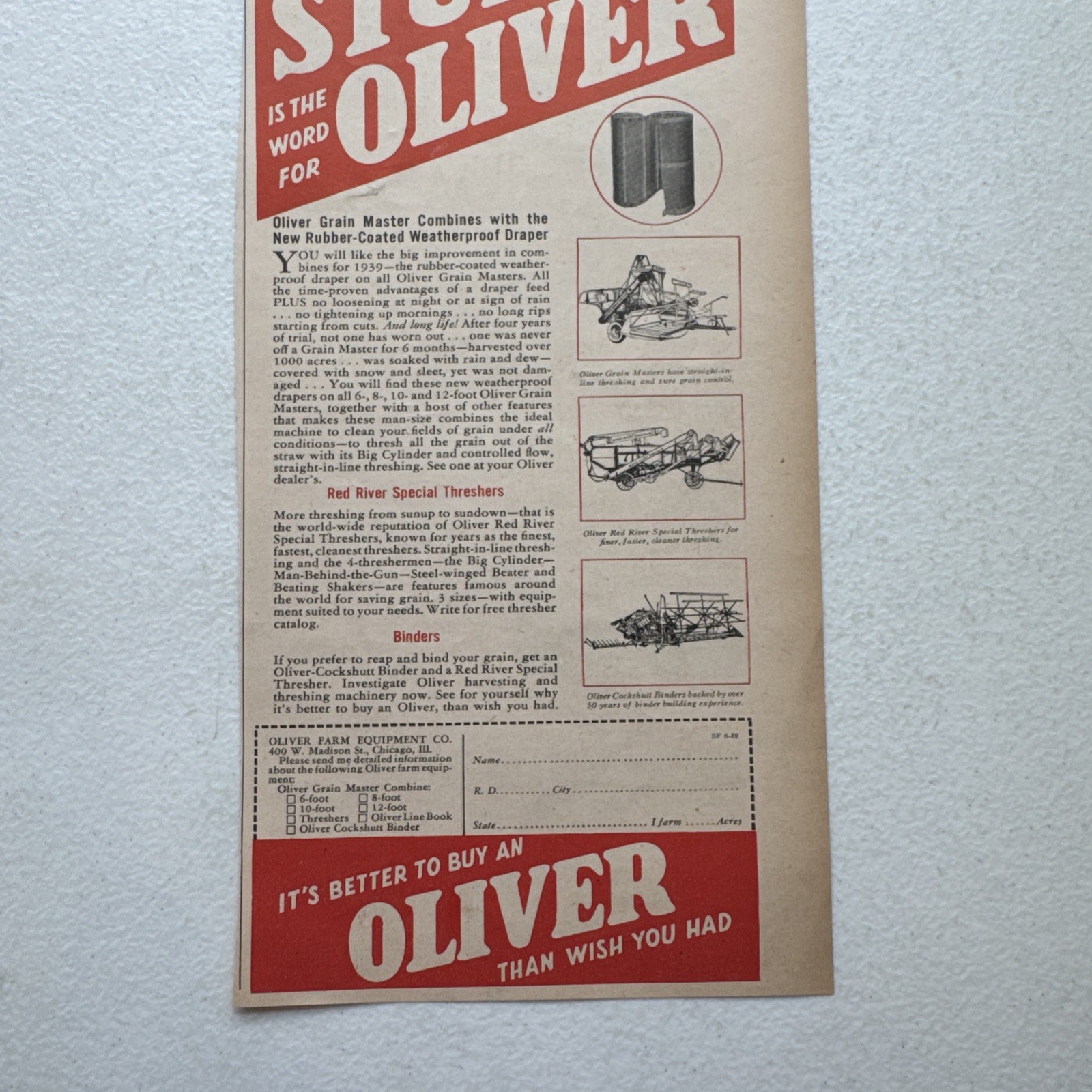 Oliver Farm Equipment Co. Grain Master Combines Advertisement