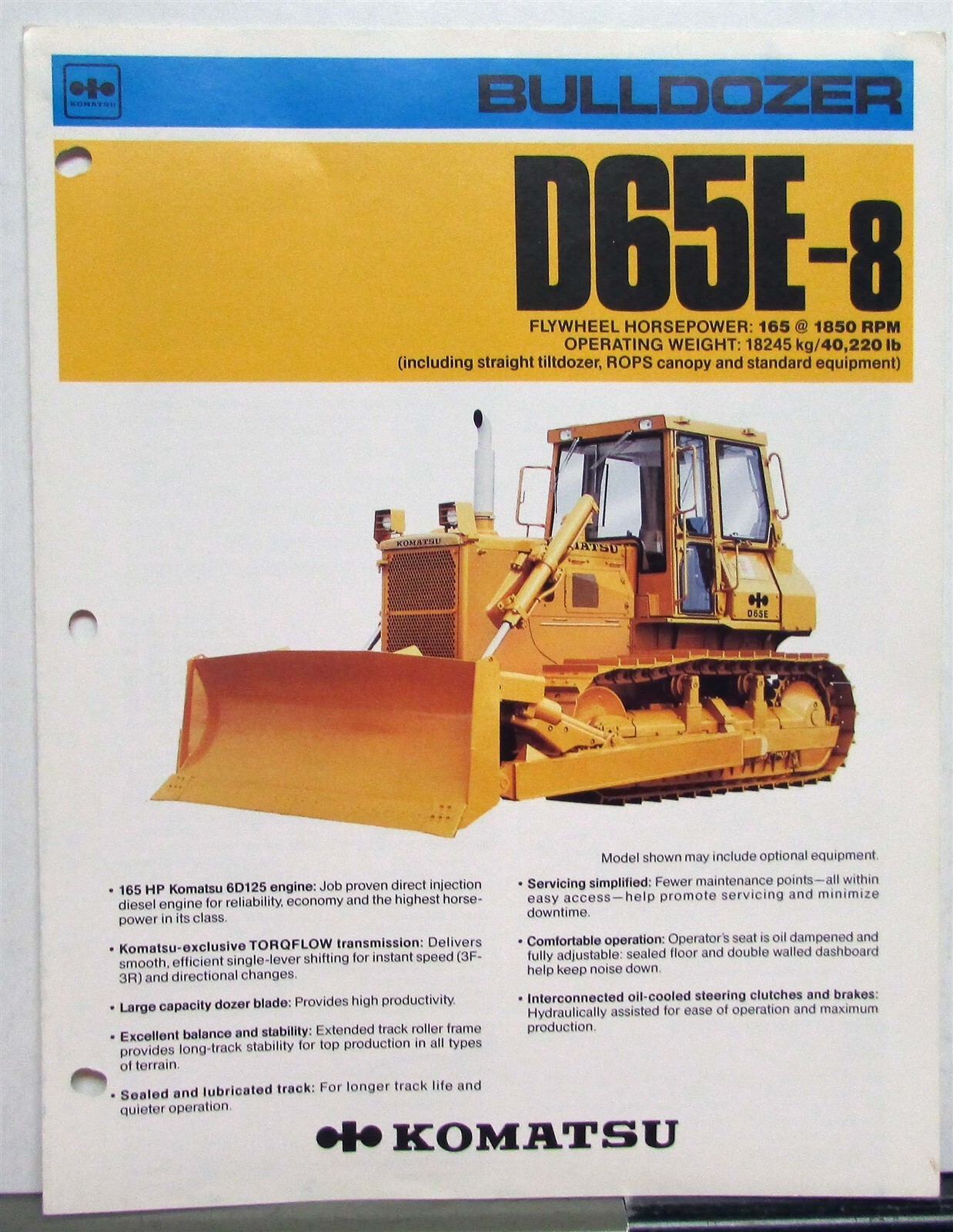 1985 Komatsu D65E-8 Bulldozer Specifications Construction Sales Brochure