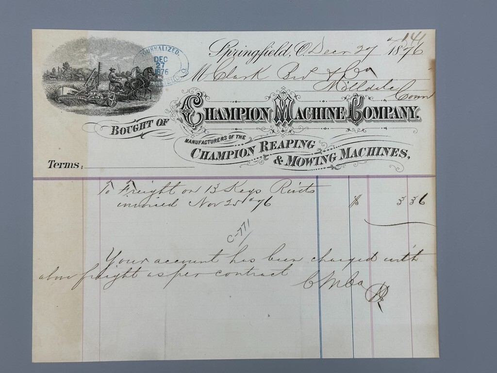 1874 CHAMPION Machinery FARM Promissory Note SPRINGFIELD OH Antique Advertising