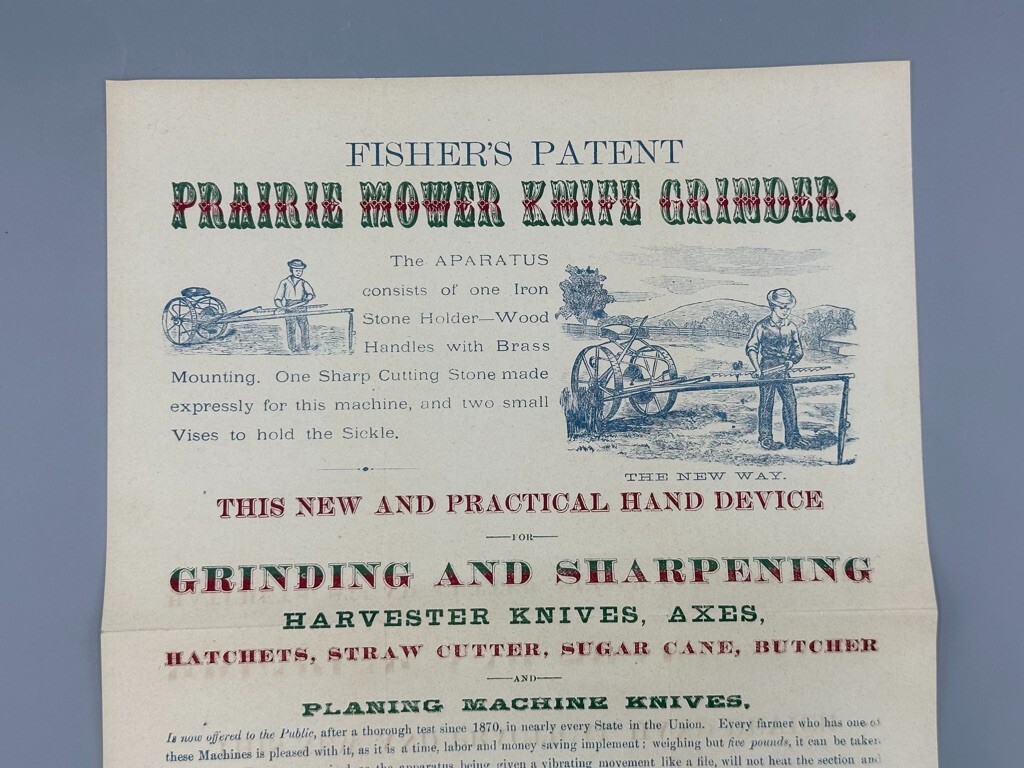 1890s Fisher&rsquo;s PRAIRIE MOWER KNIFE Grinding SHARPENER Canton OH Advertising FARM