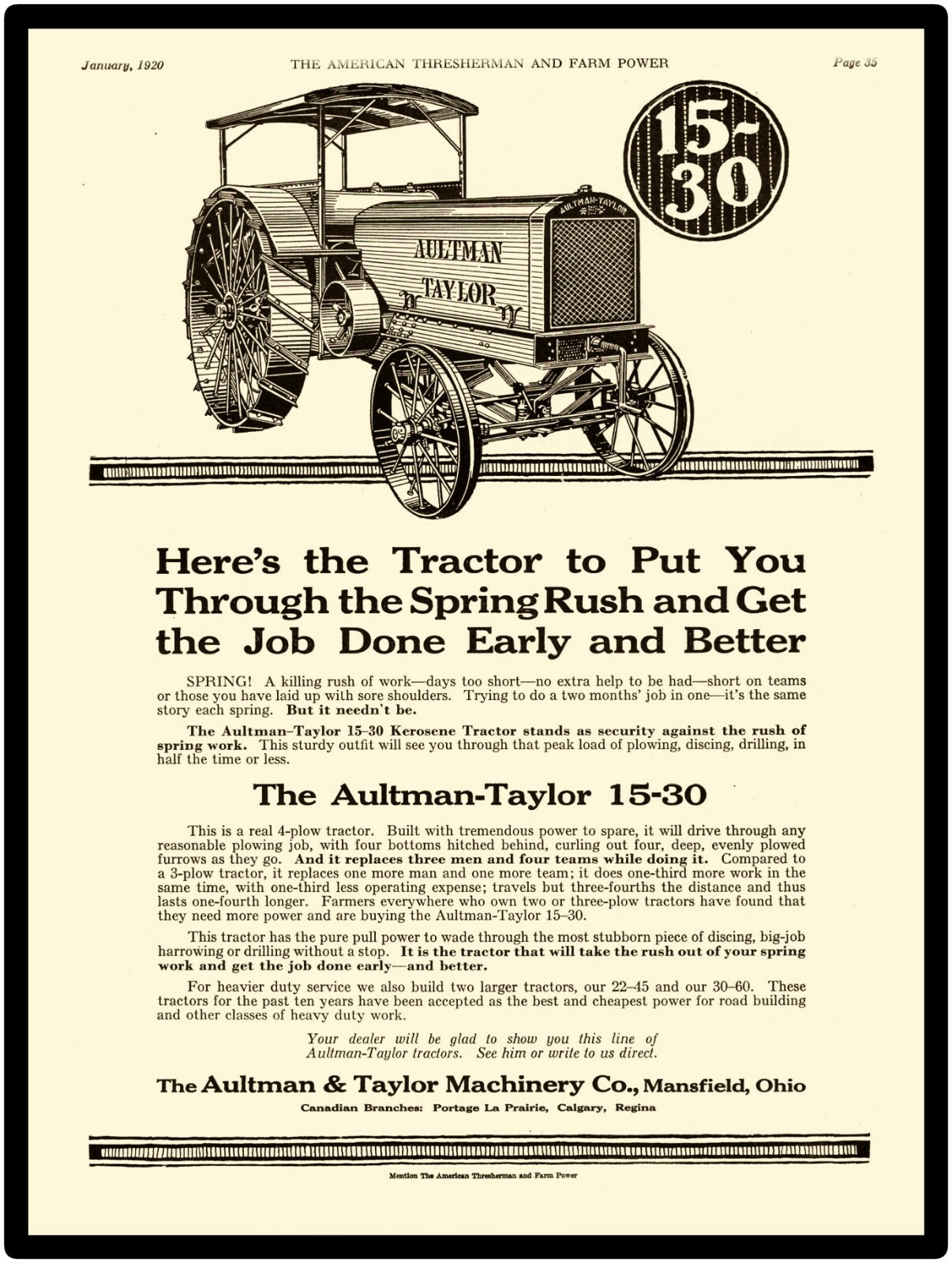 1920 Aultman-Taylor Farm Machinery New Metal Sign: 15-30 Kerosene Tractor Shown