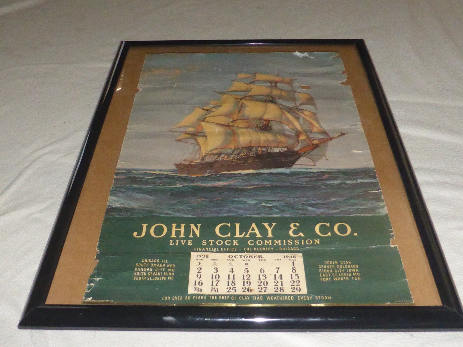 VINTAGE FRAMED JOHN CLAY CO LIVESTOCK COMMISSION CALENDAR ADVERTISING LITHO SHIP