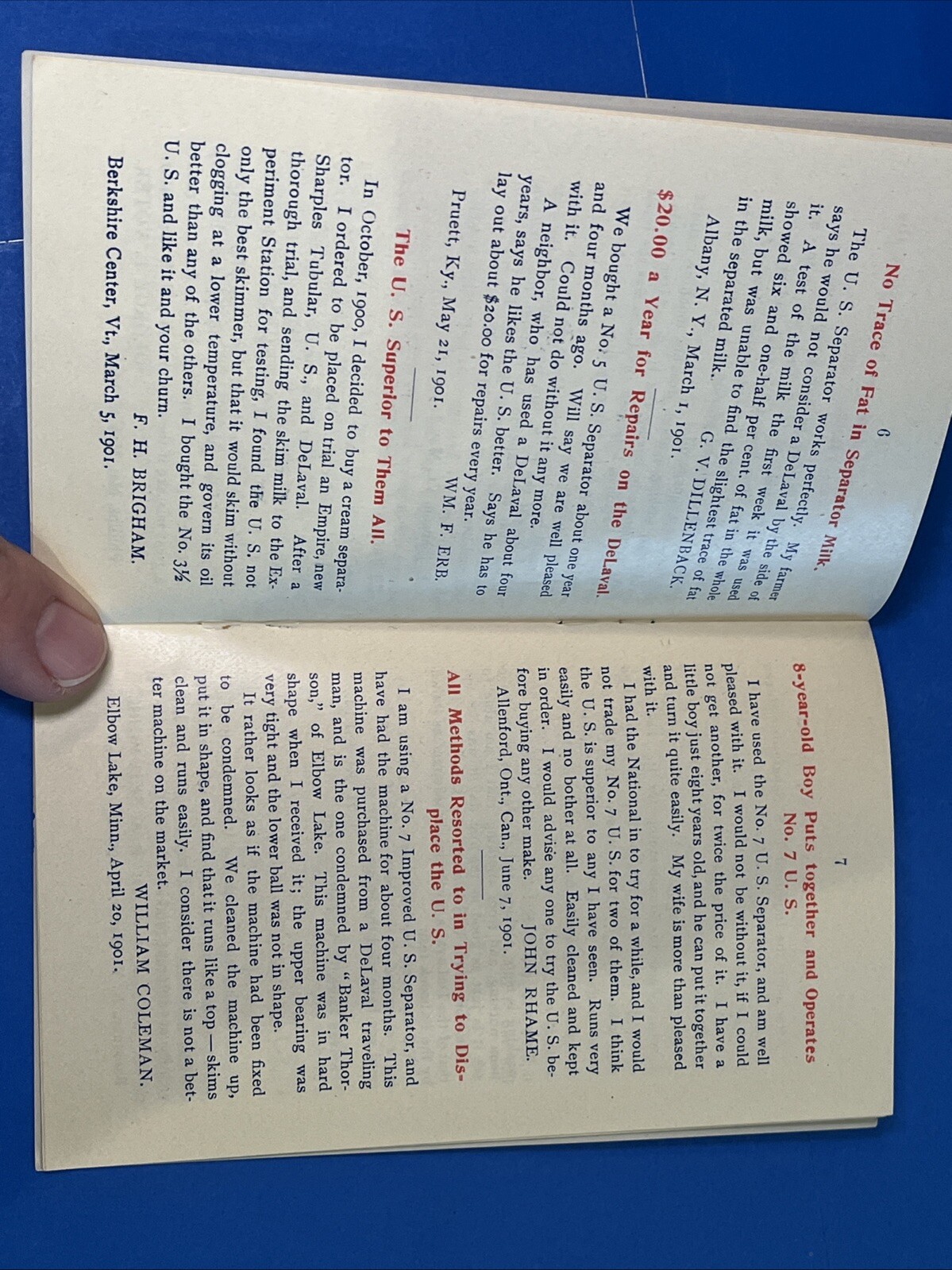 Vintage US Separator Cream Interesting Experiences Testimonial Book Advertising