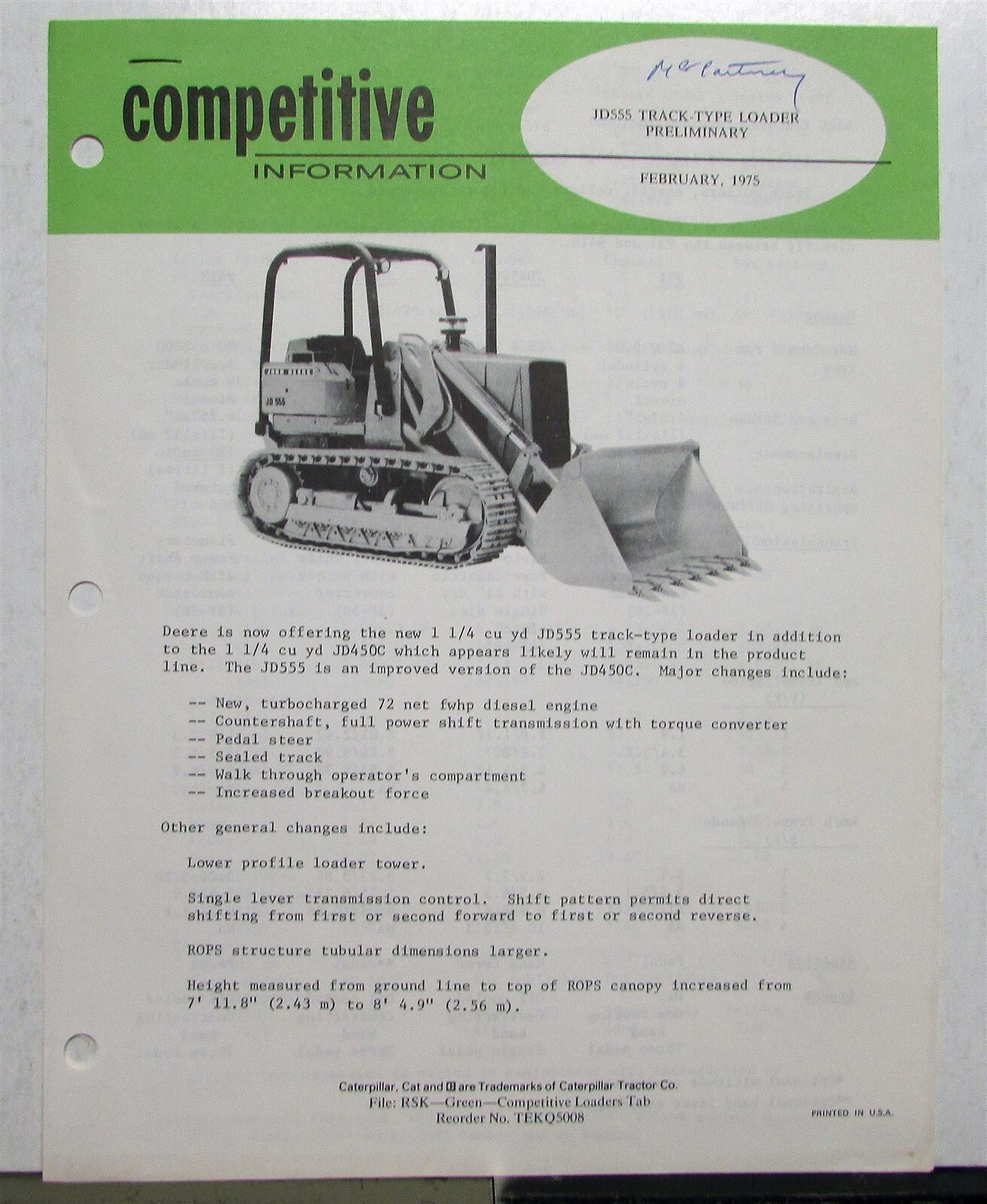 1975 Caterpillar Track Type Loader Construction Competitive Information PRELIM