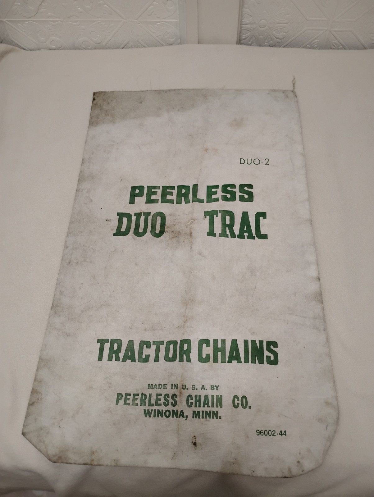 Vintage Peerless DUO TRAC Tractor Chains Cloth Bag Winona Minnesota 32&Prime;x19&Prime;
