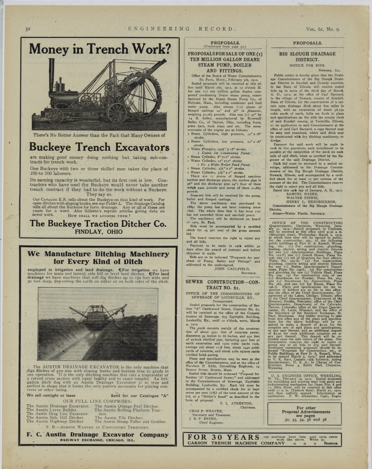1910 Buckeye Traction Ditcher of Findlay OhiO & Austin Excavator Ads on 1 Pg.