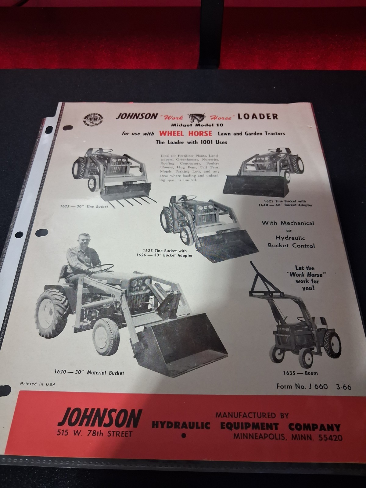 VINTAGE WHEEL HORSE JOHNSON LOADER BROCHURE