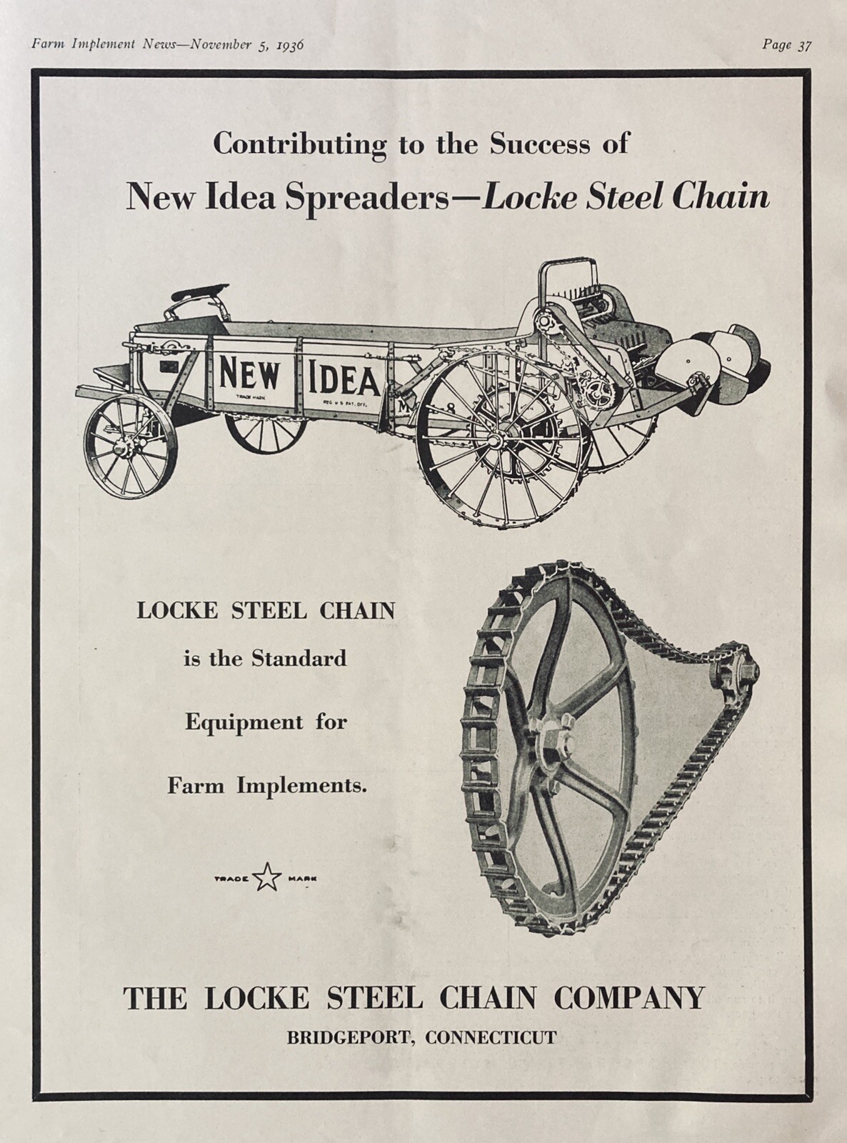 1936 AD.(XF20)~LOCKE STEEL CHAIN CO. BRIDGEPORT, CONN. ON NEW IDEA SPREADERS