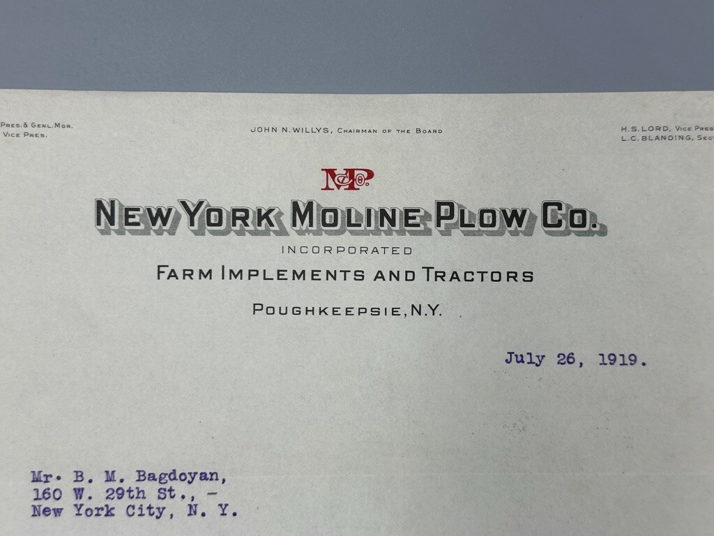 1919 NEW YORK MOLINE PLOW Co FARM Advertising Letter & Envelope