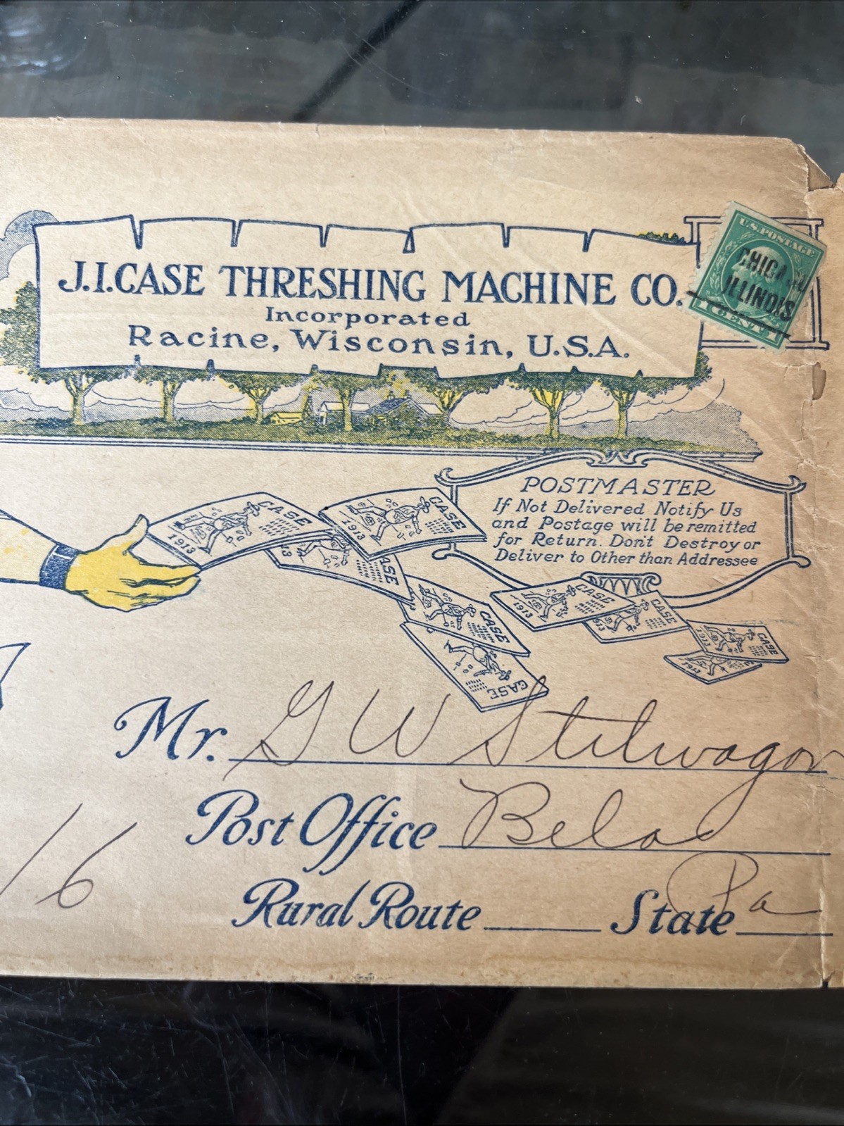 Antique J.I. Case Steam Tractor Engine Envelope, Bela Pa. Clarion Co., Farmer