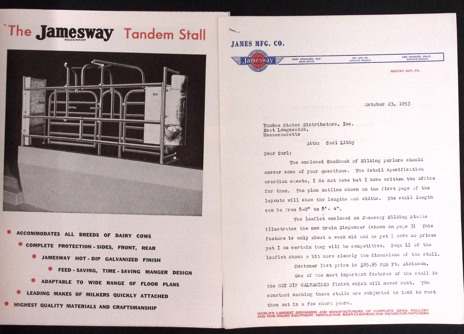 1953 Handbook of Milking Parlors Plans & Equipment James Mfg Co Mount Joy PA