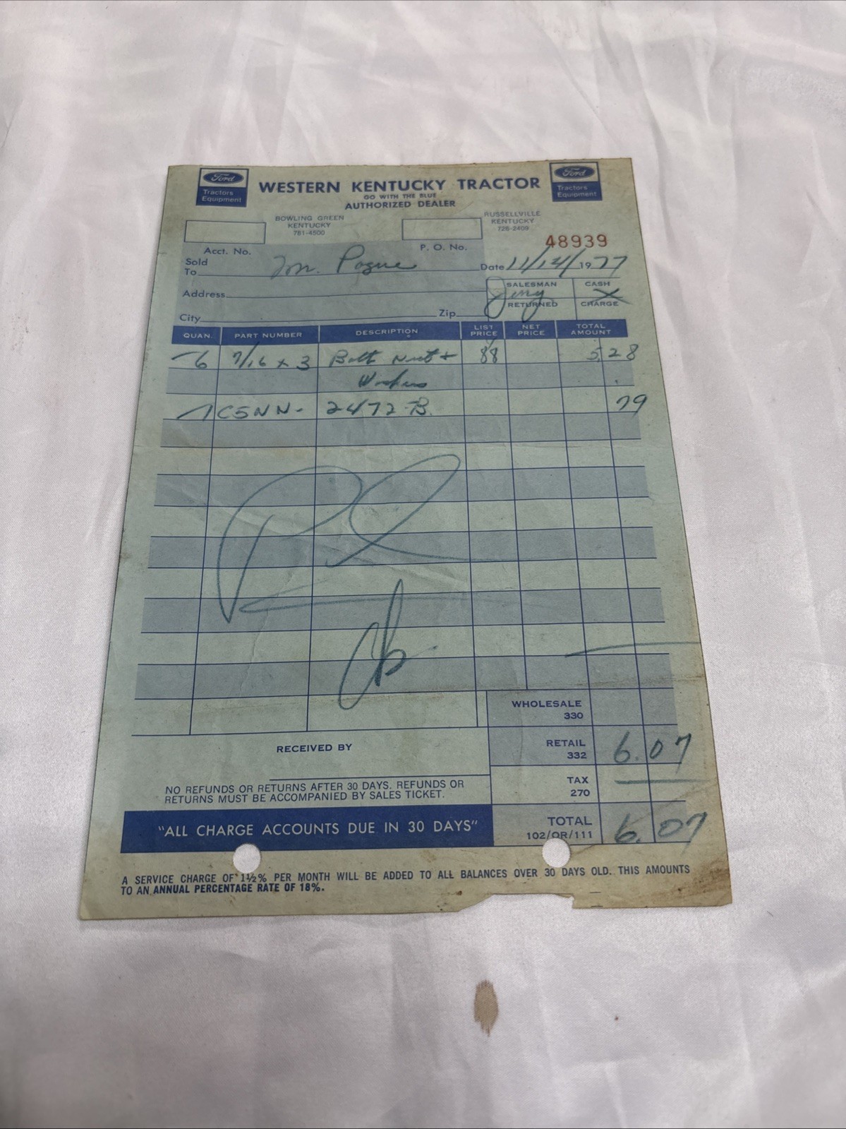 Western Kentucky Ford Tractor receipt 1977 Bowling Green dealership Mr. Payne