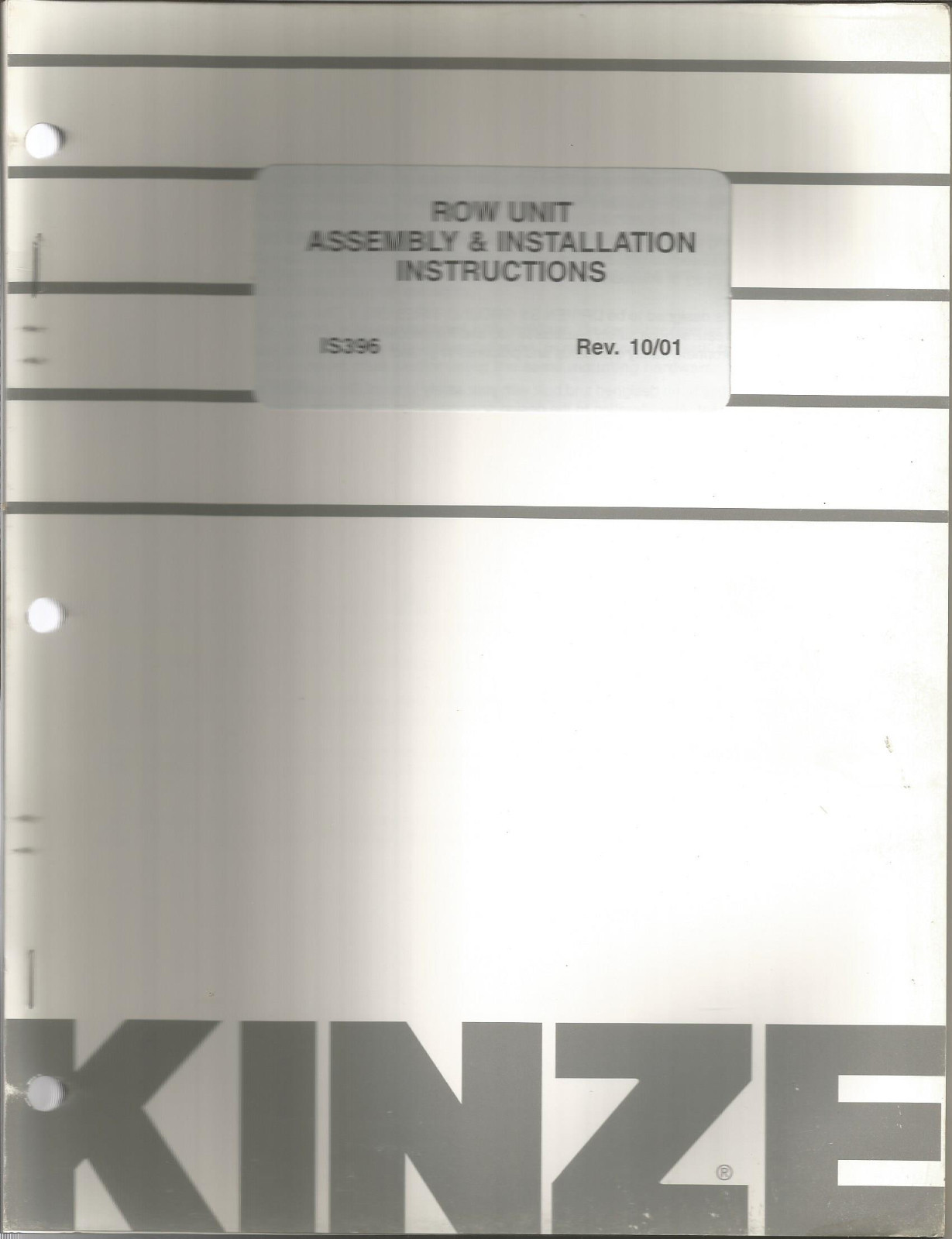 KINZE ROW UNIT ASSEMBLY AND INSTALLATION INSTRUCTIONS