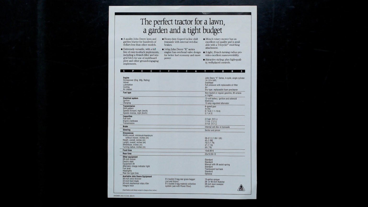 John Deere GT242 Lawn and Garden Tractor Brochure Vintage Spec Sheet